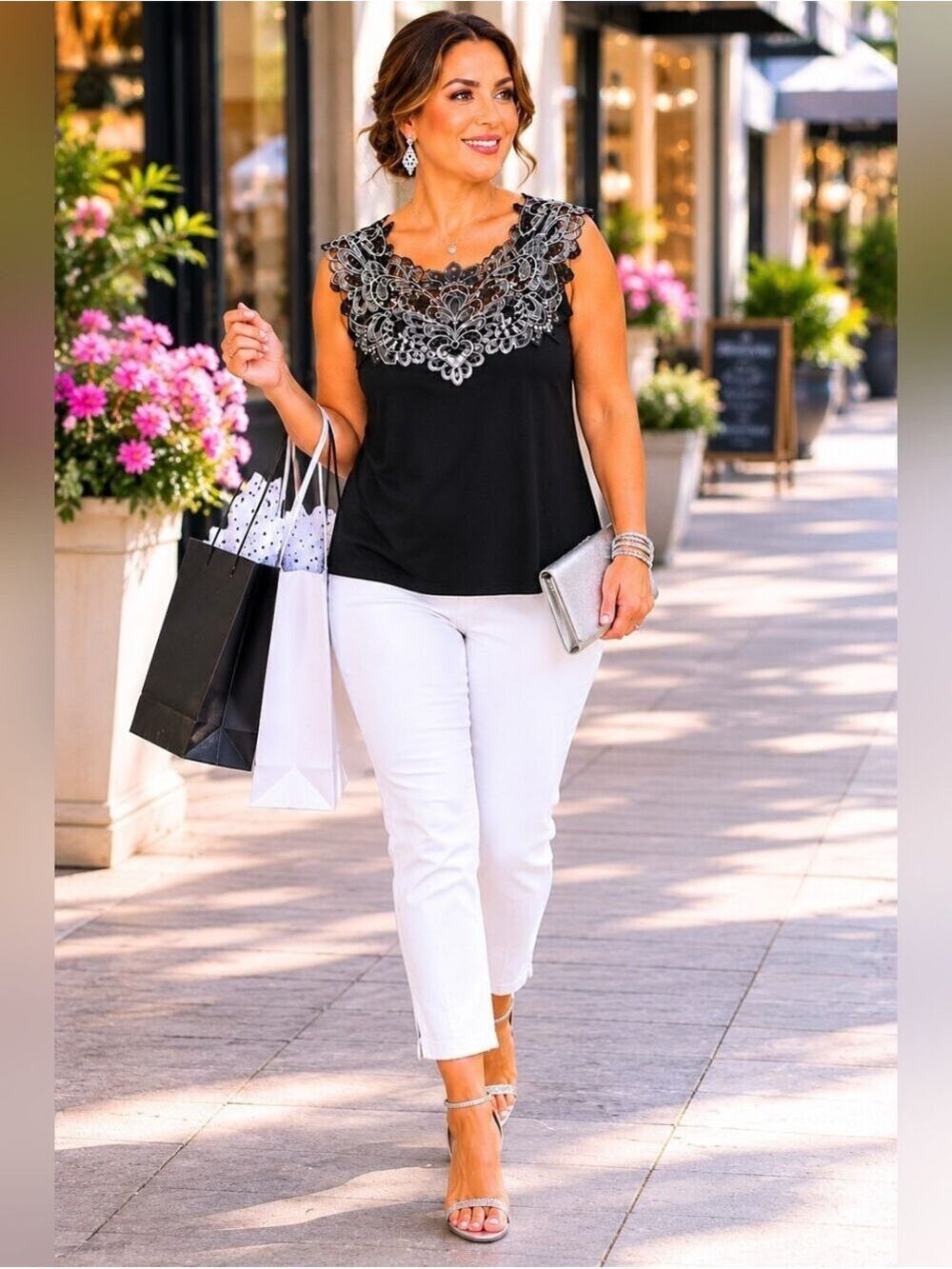 Joan Boyce Embellished Lace Tank Top 2X Black Silver Evening Party Glam